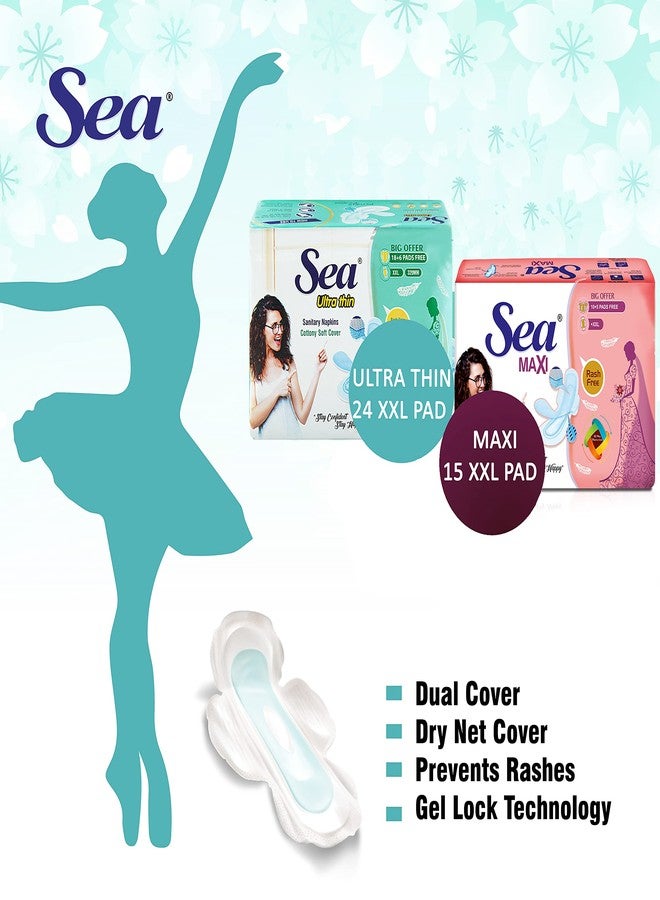 Sea Ultra Thin Cotton Sanitary Pads for Women | Up to 100% Leakage Protection, Locks Odour & Wetness | Ultra Hygiene, Rash Free Cotton Soft | Pack of 39 (24 pcs Ultra Thin XXL+ 15 pcs Maxi XXL) - Image 3